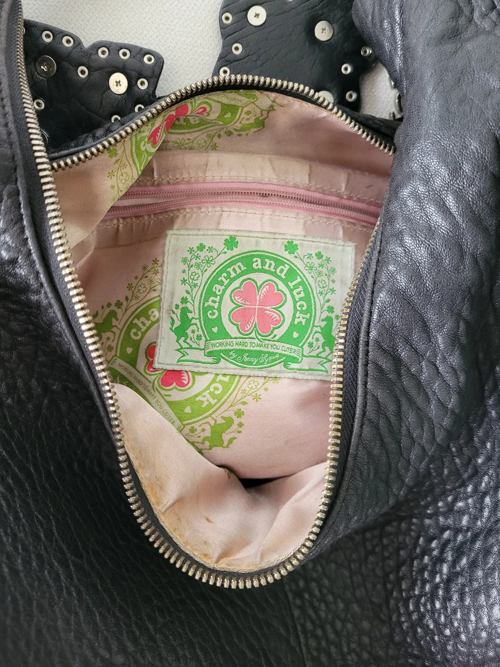 CHARM AND LUCK Black Leather Hobo Shoulder Satchel Purse